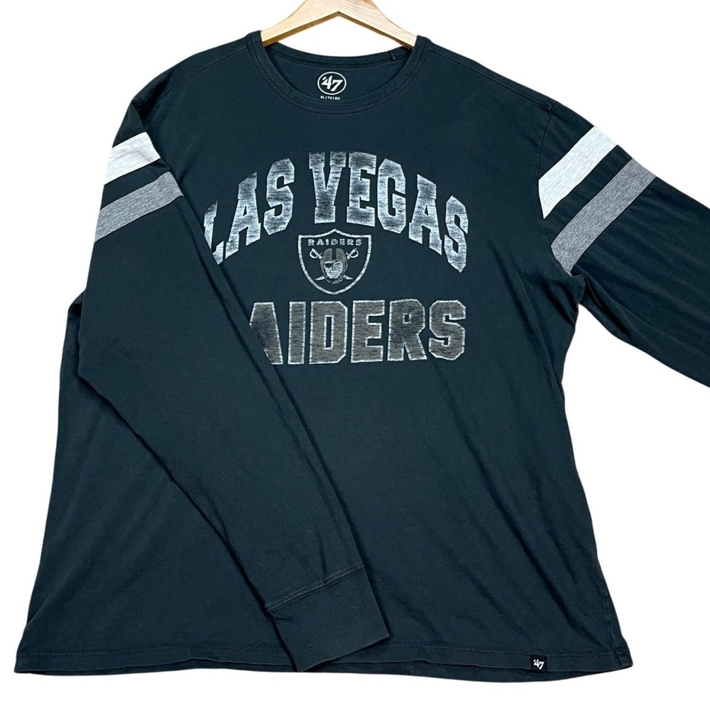 '47 Brand T-Shirt Mens XL Black Long Sleeve Striped Las Vegas Raiders Distressed